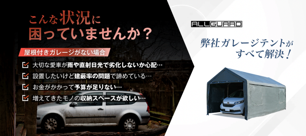 ガレージがなく車の保管に困っている人向けの訴求画像。「こんな状況に困っていませんか？」のメッセージとともに、雨や日光で車が劣化する悩み、設置スペースや建築申請の問題、予算不足、収納スペース不足などを提示。右側にはガレージテントの設置例を表示し、「弊社ガレージテントがすべて解決！」と解決策を紹介している。