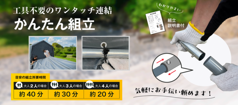 ワンタッチ連結で簡単に組み立てられるバイクガレージテントです。工具不要の構造で、大人2人なら約40分、3人で約30分、4人で約20分で設置可能。差し込むだけの簡単パイプ構造で、初心者でも安心してDIY設置できる。わかりやすい組立説明書付き。