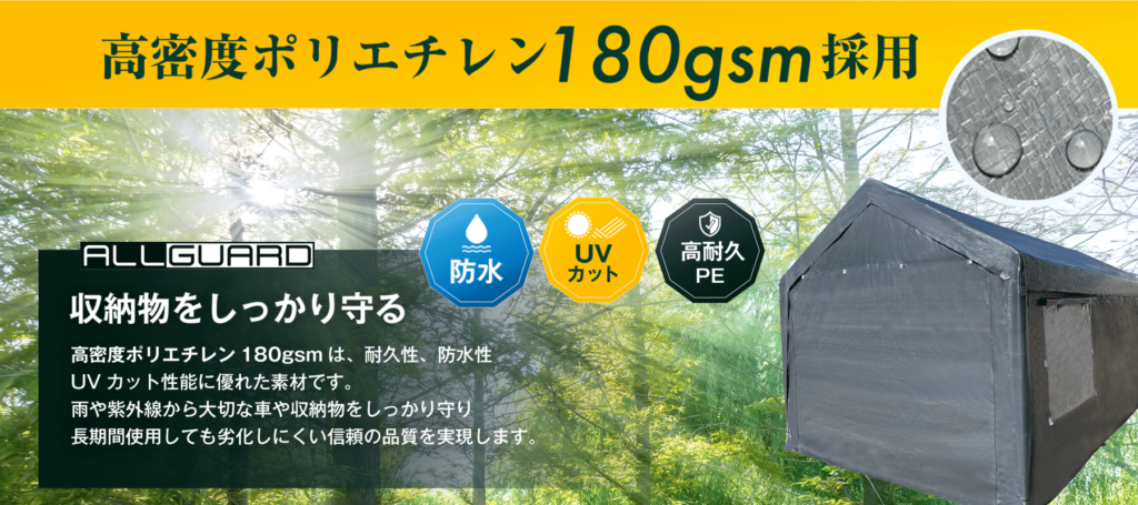 ALLGUARD ガレージテントの素材説明画像。「高密度ポリエチレン180gsm採用」を強調し、防水・UVカット・高耐久PE素材の特長を紹介。雨や紫外線から車や収納物をしっかり守る設計で、長期間使用しても劣化しにくい。耐久性・防水性・UVカット性能に優れたカバー素材を使用した屋外用ガレージテント。