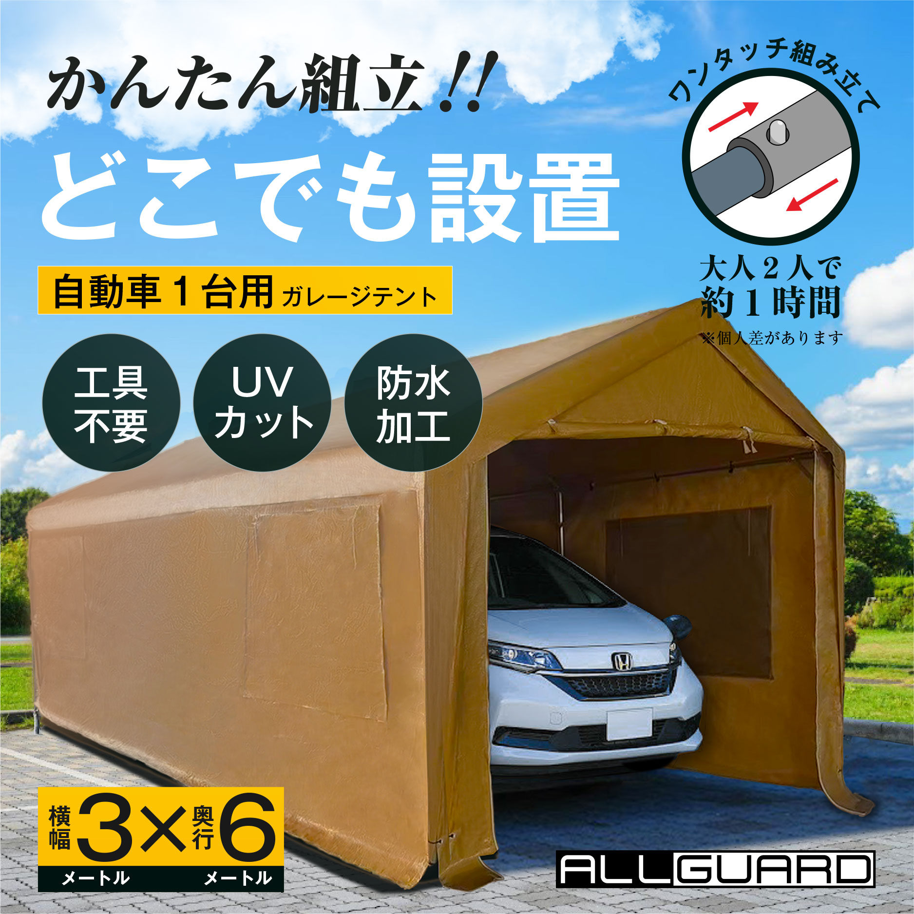 ALLGUARD ガレージテント 3×6m ベージュカラーのプロモーション画像。「かんたん組立！どこでも設置」がキャッチコピーで、工具不要・UVカット・防水加工・ワンタッチ組み立て対応。大人2人で約1時間で設置可能。自動車1台用の屋外簡易ガレージとして、庭や駐車場・作業スペースに最適。耐久性と防水性に優れたポリエチレンカバーを採用。