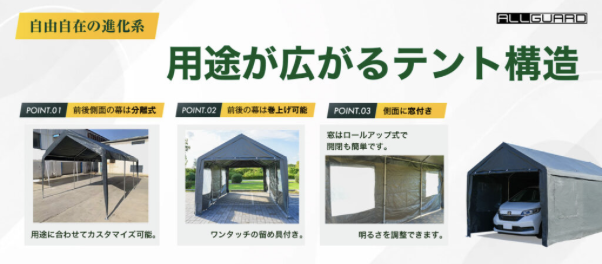 ALLGUARD ガレージテントの構造説明画像。「用途が広がるテント構造」として、前後幕の分離式・巻き上げ式・メッシュ窓付き・補強パーツ付きの4つの特徴を紹介。前後の幕を外して通し通路として使えるほか、ロールアップ式の窓で通気性と採光を確保。付属の補強パーツで耐久性が向上し、屋外の車庫・作業スペース・資材保管など多用途に対応。